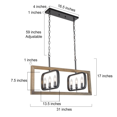 6-Light Kitchen Island Linear Wood Chandelier