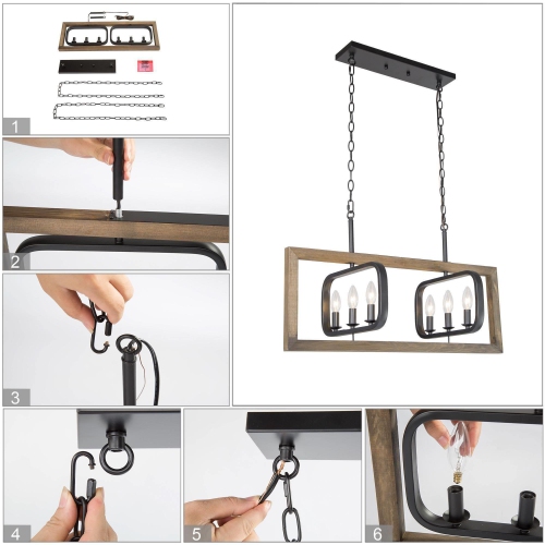 6-Light Kitchen Island Linear Wood Chandelier