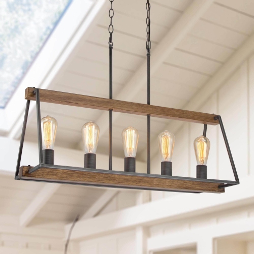 5-Light 30.5" Farmhouse Faux Wood Linear Kitchen Island Lights