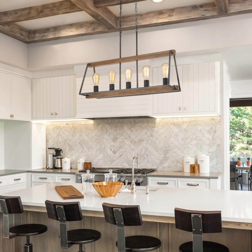 5-Light 30.5" Farmhouse Faux Wood Linear Kitchen Island Lights