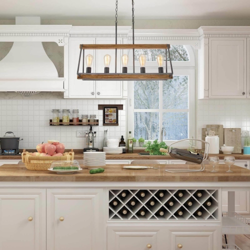 5-Light 30.5" Farmhouse Faux Wood Linear Kitchen Island Lights