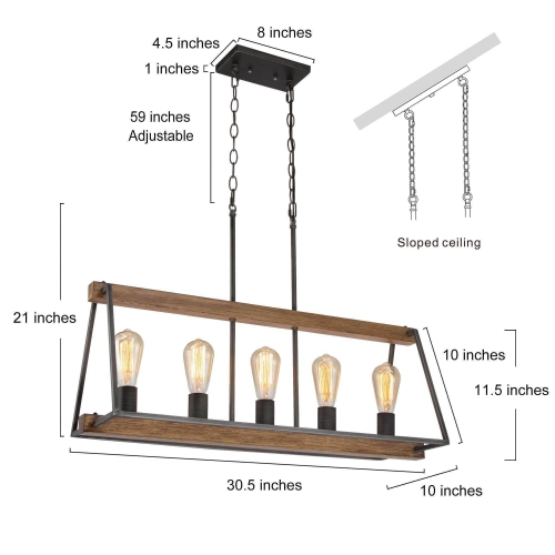 5-Light 30.5" Farmhouse Faux Wood Linear Kitchen Island Lights