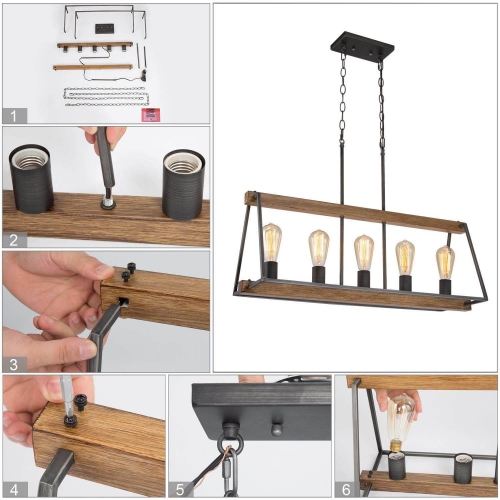 5-Light 30.5" Farmhouse Faux Wood Linear Kitchen Island Lights