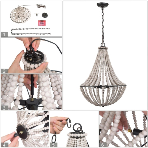 3-light Boho Lantern Candle Chandelier with Wood Beads