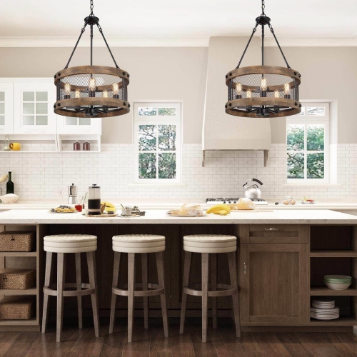 5-Light Farmhouse Drum Cage Wood Chandelier