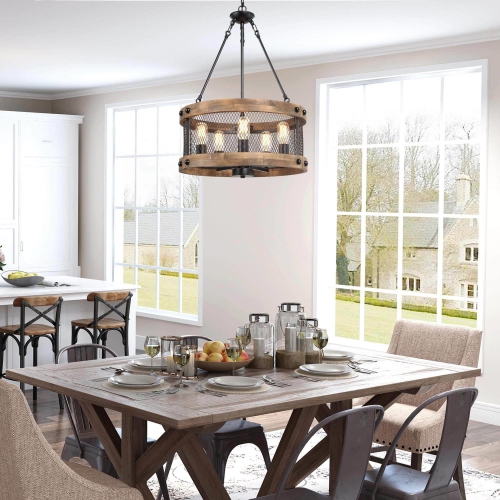 5-Light Farmhouse Drum Cage Wood Chandelier