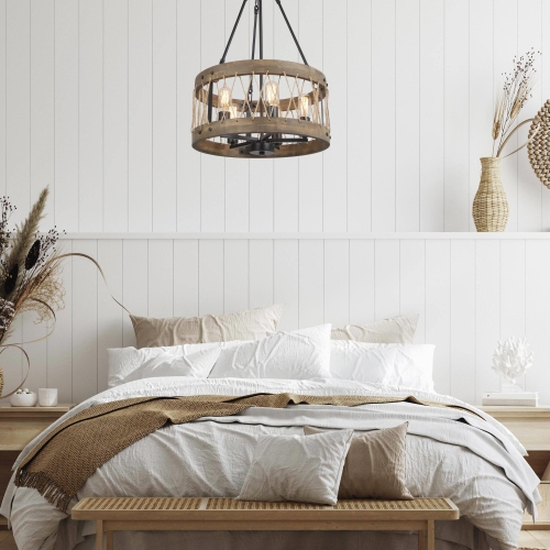 5-light Lantern Drum Wood Chandelier