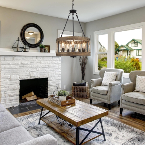 5-light Lantern Drum Wood Chandelier