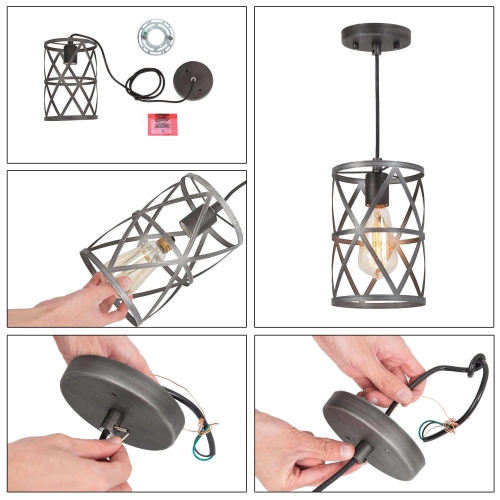 1-Light Metal Cylinder Cage Pendant Light