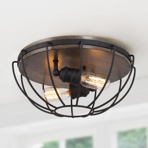 2-Light Cage Wood Grain Flush Mount Light