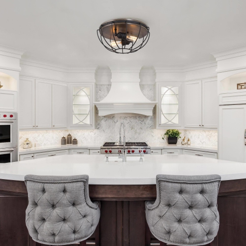 2-Light Cage Wood Grain Flush Mount Light