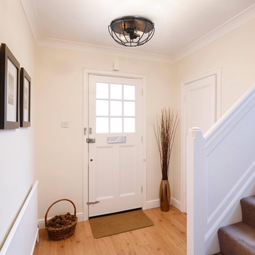 2-Light Cage Wood Grain Flush Mount Light