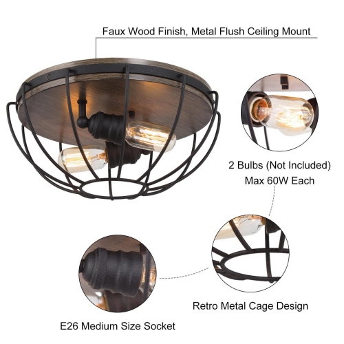 2-Light Cage Wood Grain Flush Mount Light