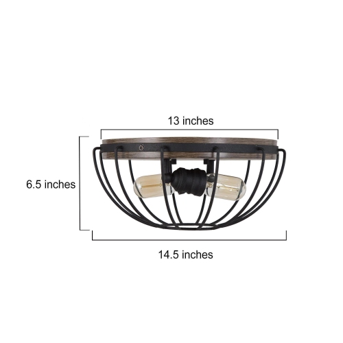 2-Light Cage Wood Grain Flush Mount Light