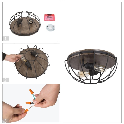 2-Light Cage Wood Grain Flush Mount Light