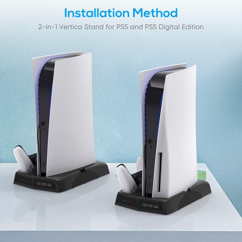 3-in-1 Vertical Stand with 2 Cooling Fan and Charging Station Dock for PS5 Console and PlayStation 5 Digital Edition, Dual Controller Charger Ports