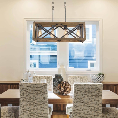 4-Light Rectangle Wood Chandelier Island Light