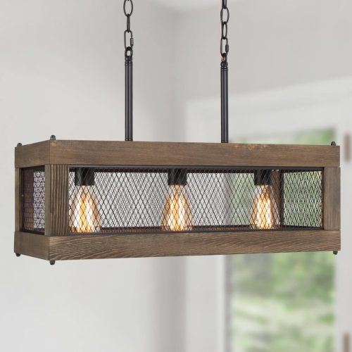 LNC  3-Light Wood Rectangle Chandelier Kitchen Island Light