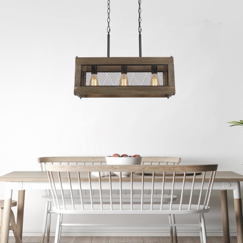 3-Light Wood Rectangle Chandelier Kitchen Island Light