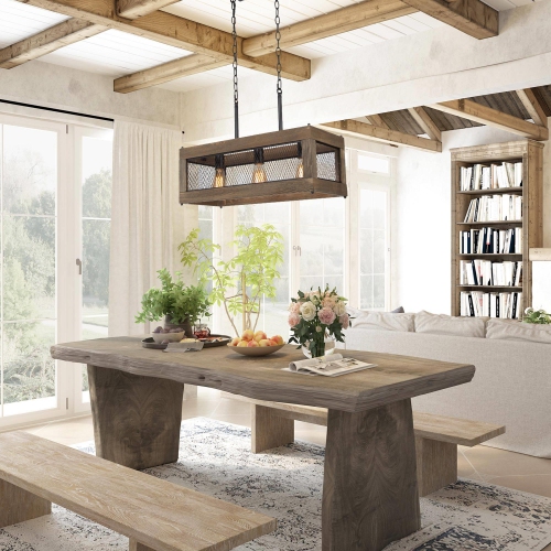 3-Light Wood Rectangle Chandelier Kitchen Island Light