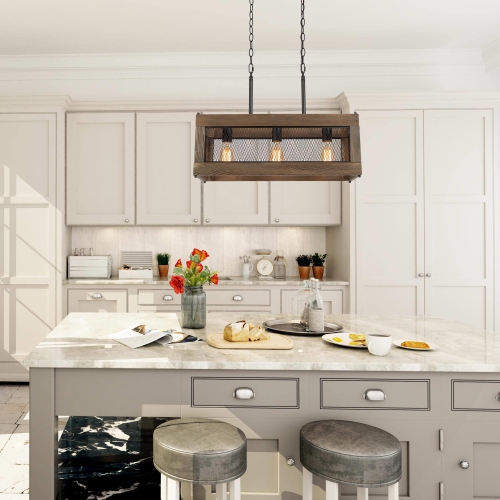 3-Light Wood Rectangle Chandelier Kitchen Island Light