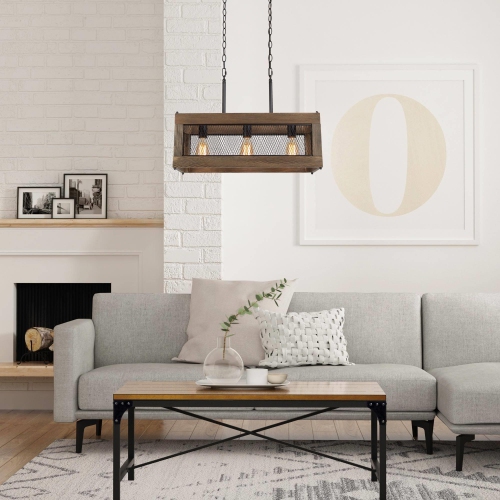 3-Light Wood Rectangle Chandelier Kitchen Island Light