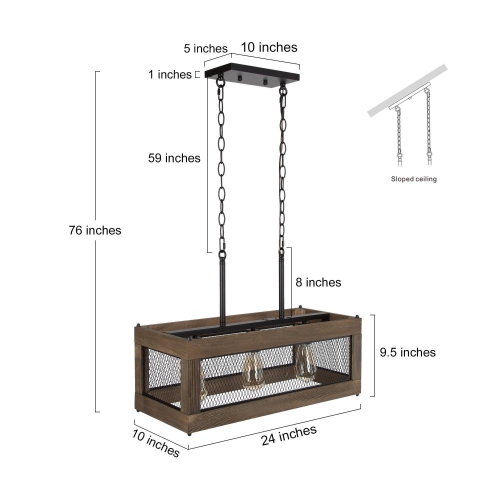 3-Light Wood Rectangle Chandelier Kitchen Island Light