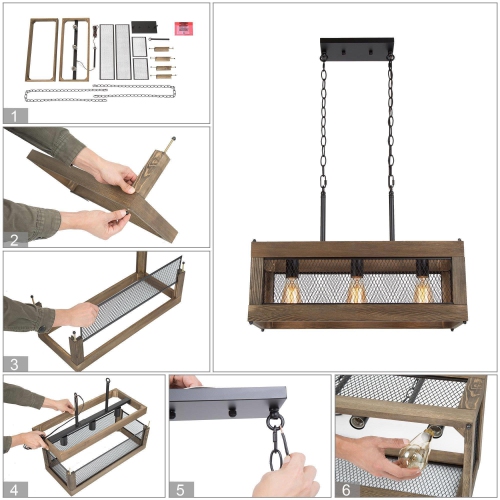 3-Light Wood Rectangle Chandelier Kitchen Island Light