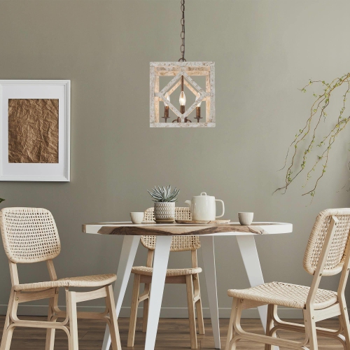 4-Light Large 12" Wood Square Pendant Light