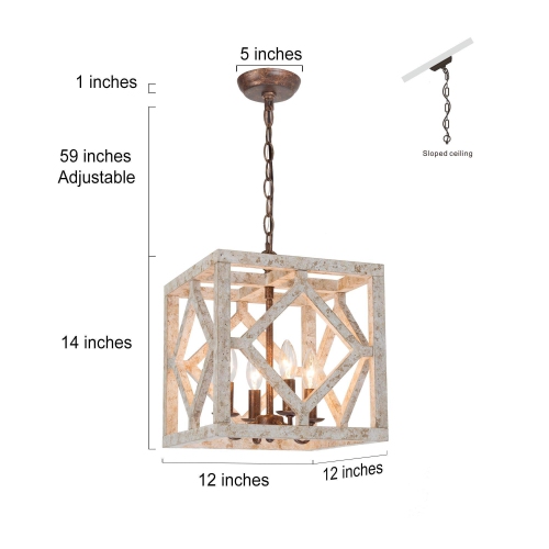 4-Light Large 12" Wood Square Pendant Light