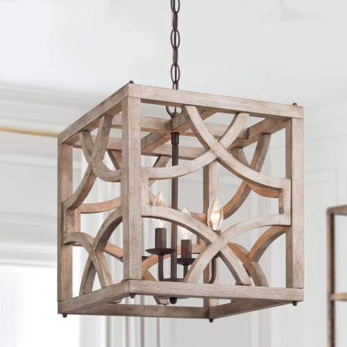 4-Light Wood Squared Chandelier for Dining Room