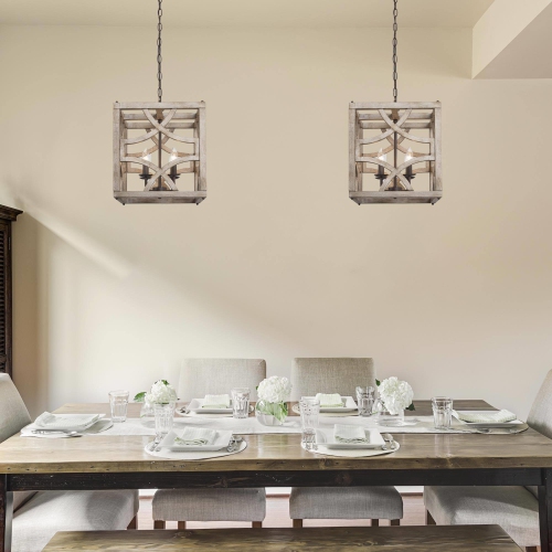 4-Light Wood Squared Chandelier for Dining Room