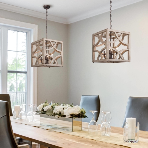 4-Light Wood Squared Chandelier for Dining Room