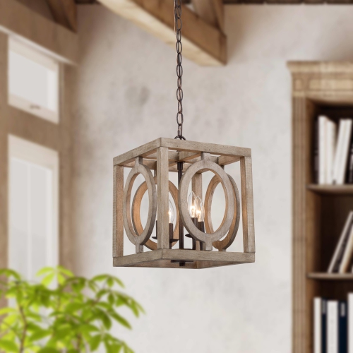 4-Light Wood Cage Chandelier for Kitchen Island