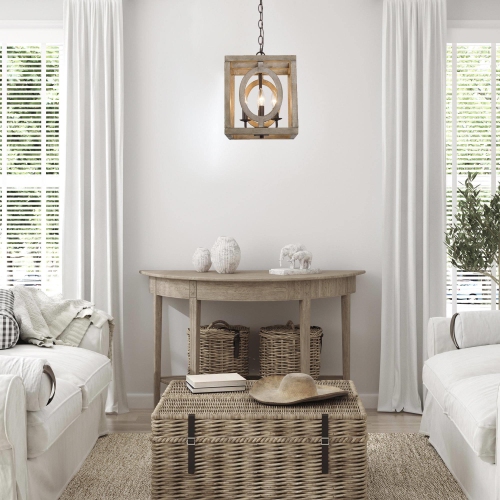 4-Light Wood Cage Chandelier for Kitchen Island