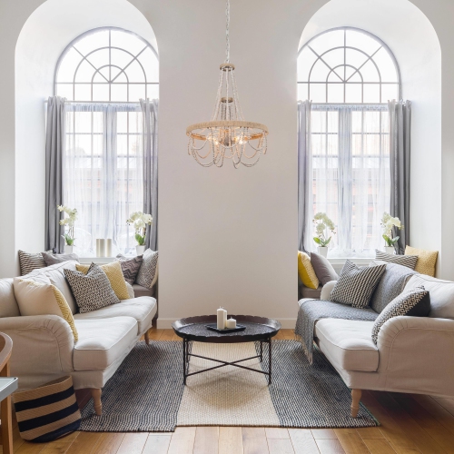 4-Light Boho Lantern Chandelier with Wood Beads