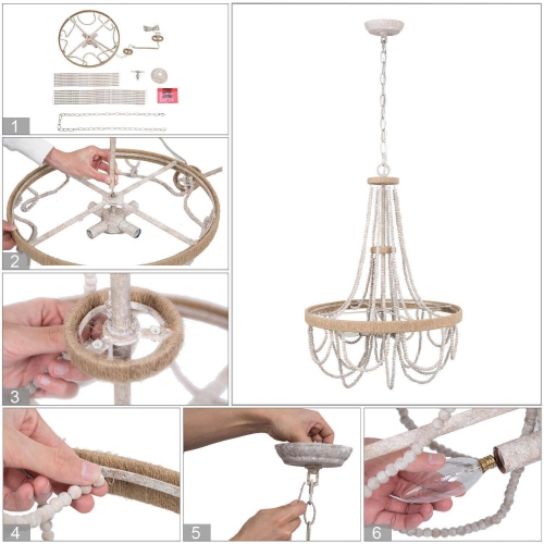 4-Light Boho Lantern Chandelier with Wood Beads