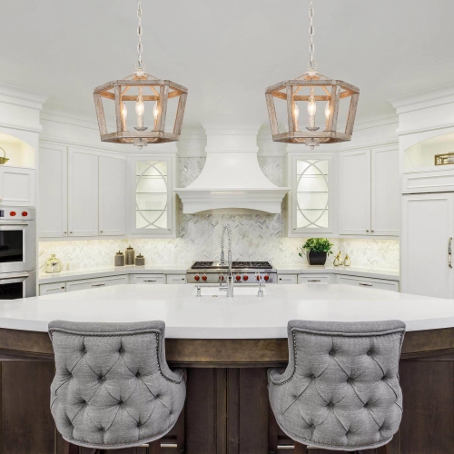 3-Light Lantern Cage Wood Chandelier