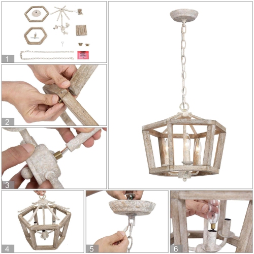 3-Light Lantern Cage Wood Chandelier