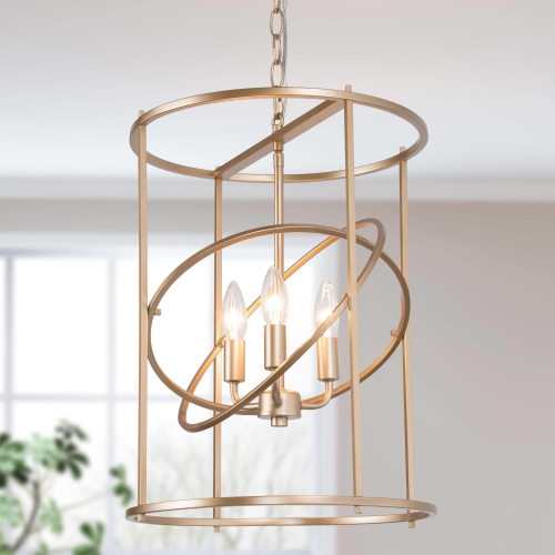 3-Light Gold Cylinder Foyer Chandelier for Dining Room