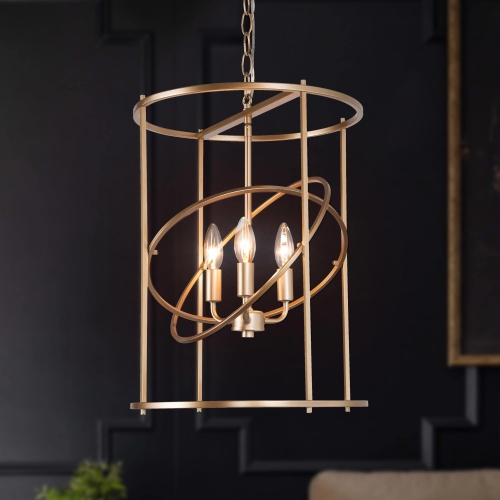 3-Light Gold Cylinder Foyer Chandelier for Dining Room