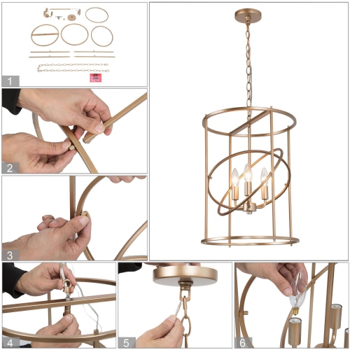 3-Light Gold Cylinder Foyer Chandelier for Dining Room