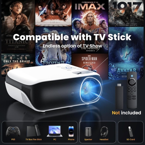 Full HD Supported Mini Movie Projector 1080P Bluetooth Portable for Home Theater Work with TV Stick Android/iPhone Tablet, Laptop, PS5, Xbox HDMI VGA