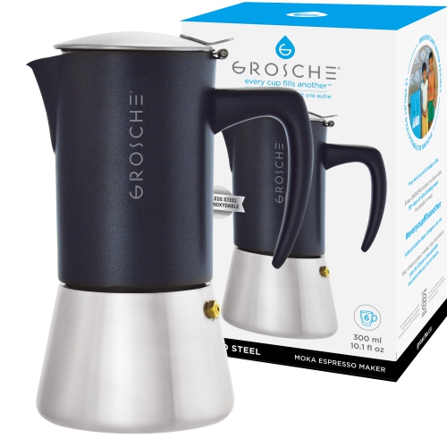 GROSCHE MILANO STEEL 6 Espresso Cups Stainless Steel Stovetop Espresso Maker | Moka Pot - Coffee Maker for Induction Gas or Electric Stoves - Black