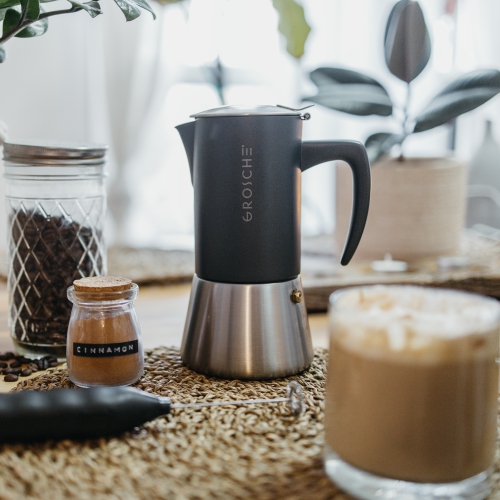 GROSCHE MILANO STEEL 6 Espresso Cups Stainless Steel Stovetop Espresso Maker | Moka Pot - Coffee Maker for Induction Gas or Electric Stoves - Black