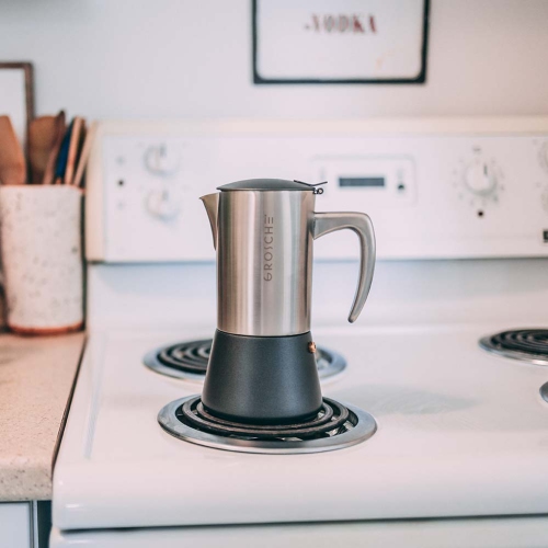 GROSCHE MILANO STEEL 6 Espresso Cups Stainless Steel Stovetop Espresso Maker | Moka Pot - Coffee Maker for Induction Gas or Electric Stoves - Black