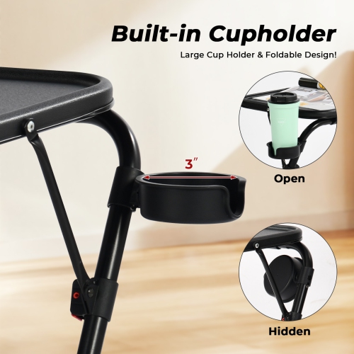 Homy Casa Folding Black Table with Cup Holder for Patio or Balcony