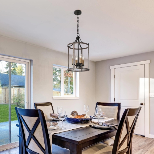 4-Light Faux Wood Lantern Cage Pendant Light