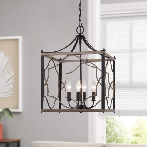 4-Light Wood Square Cage Chandelier for Kitchen Island