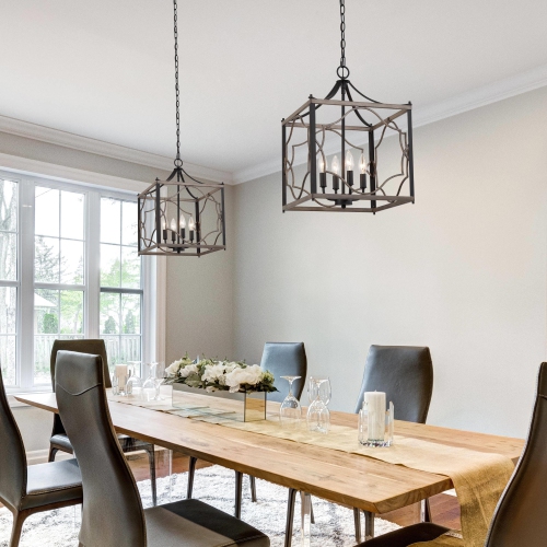 4-Light Wood Square Cage Chandelier for Kitchen Island